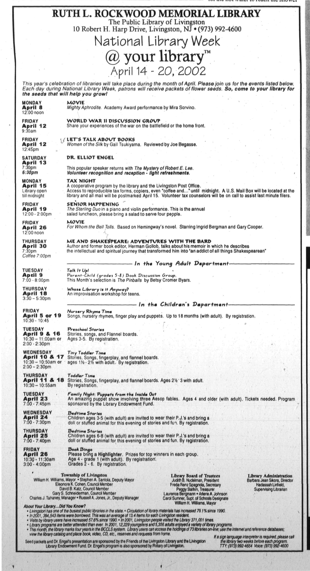 Newspaper notice: Rotary co-sponsors Dr. Elliot Engel's Rockwood Library program, 2002