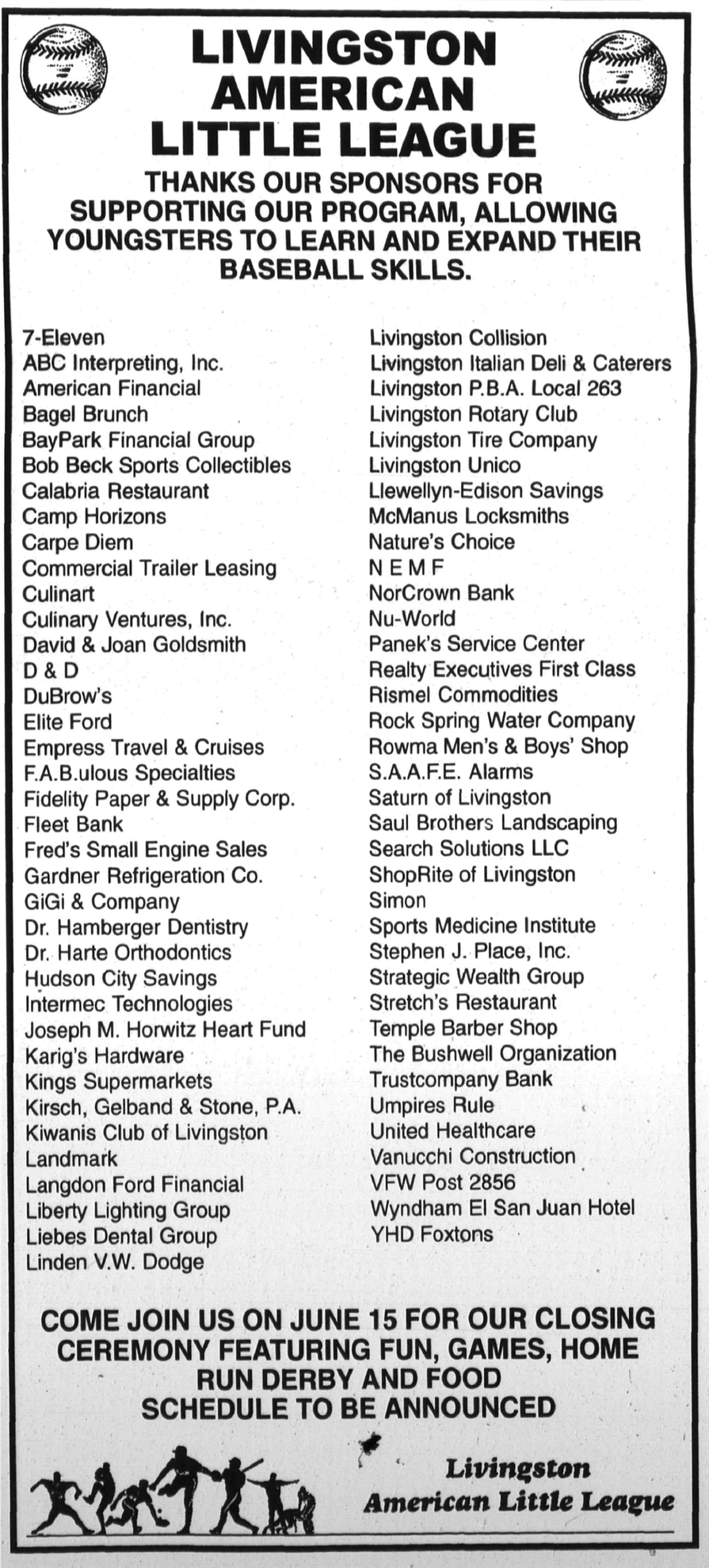 Tribune sponsor notice: Livingston American Little League thanks Livingston Rotary Club, 2002