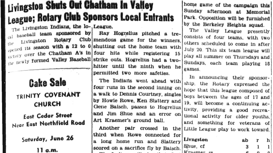 Newspaper clipping about the Livingston Indians in the Valley League, June 24, 1954