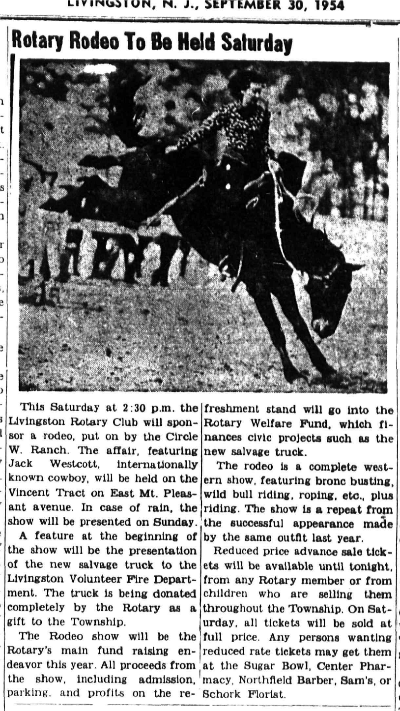 Newspaper clipping: Rotary Rodeo to Be Held Saturday, West Essex Tribune, September 30, 1954