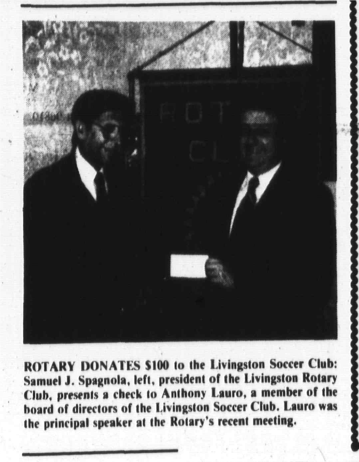 Newspaper clipping: Rotary Donates $100 to the Livingston Soccer Club, West Essex Tribune, February 2, 1984