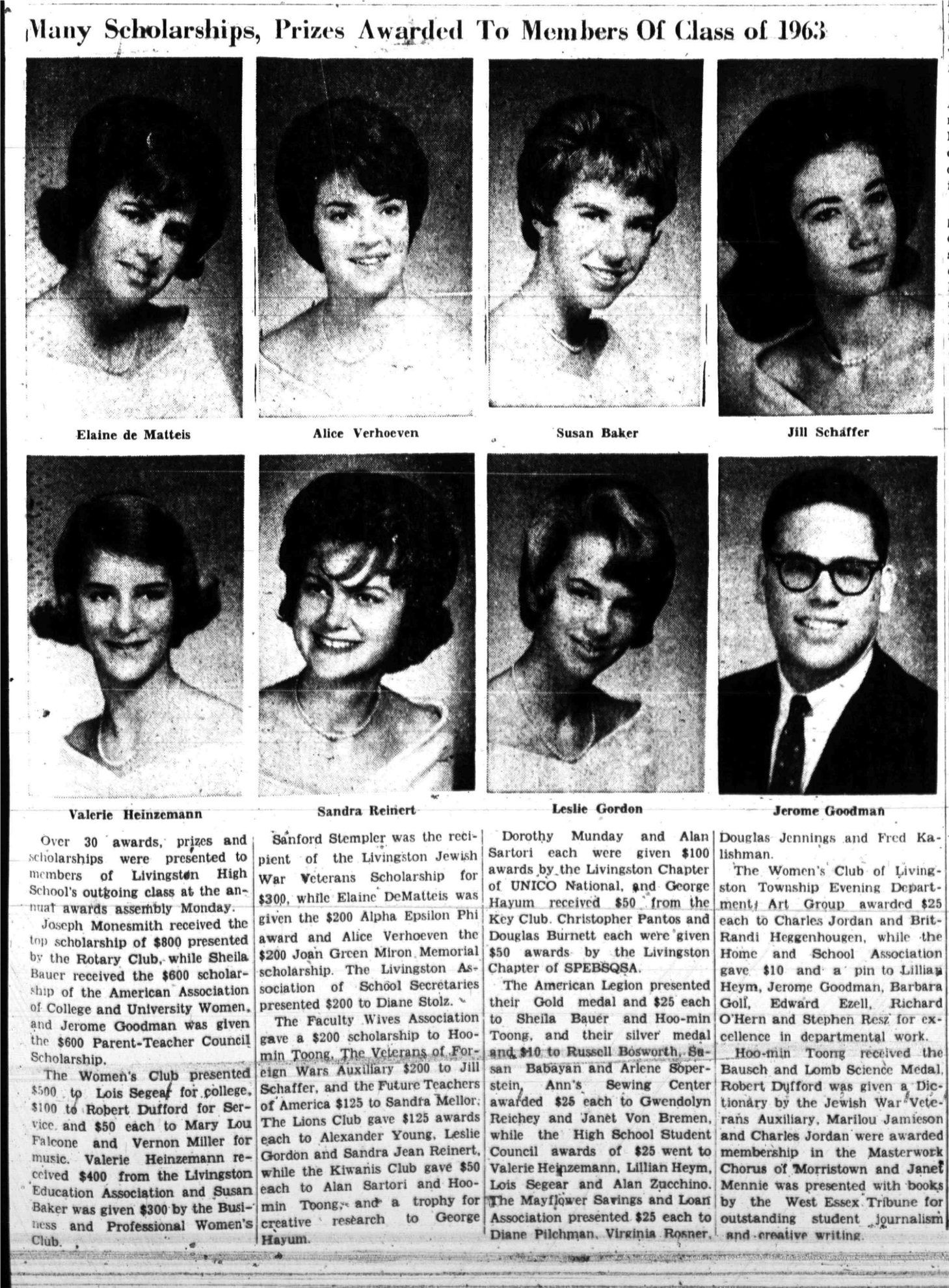 Newspaper clipping: Many Scholarships, Prizes Awarded to Class of 1963, West Essex Tribune, June 20, 1963