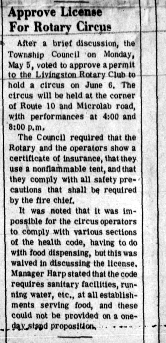 Newspaper clipping: Approve License for Rotary Circus, West Essex Tribune, May 15, 1969