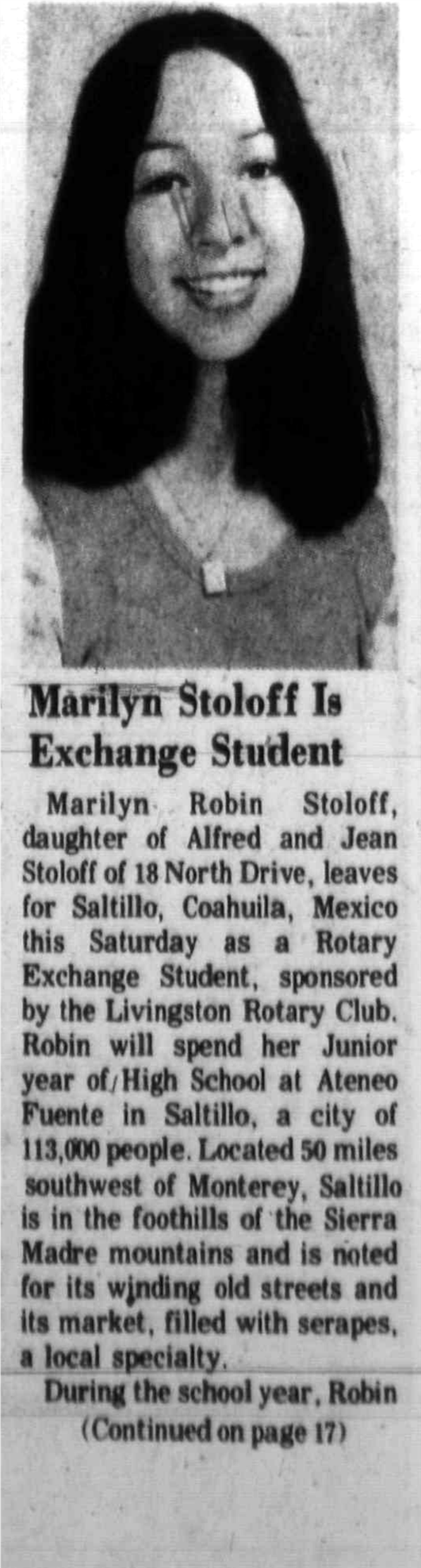 Newspaper clipping: Marilyn Stoloff Is Exchange Student, West Essex Tribune, August 21, 1975