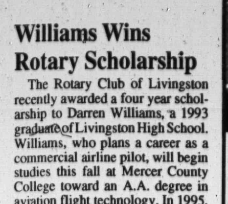 Newspaper clipping: Williams Wins Rotary Scholarship, West Essex Tribune, August 19, 1993