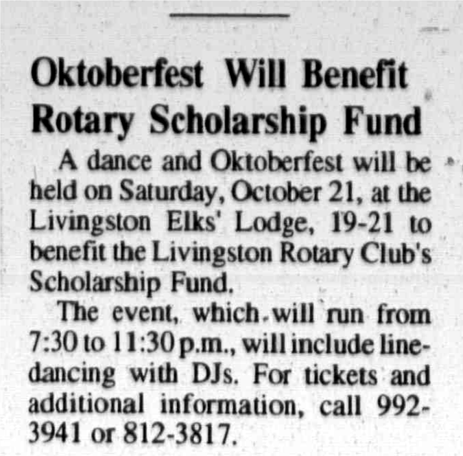 Newspaper clipping: Oktoberfest Will Benefit Rotary Scholarship Fund, West Essex Tribune, October 12, 1995