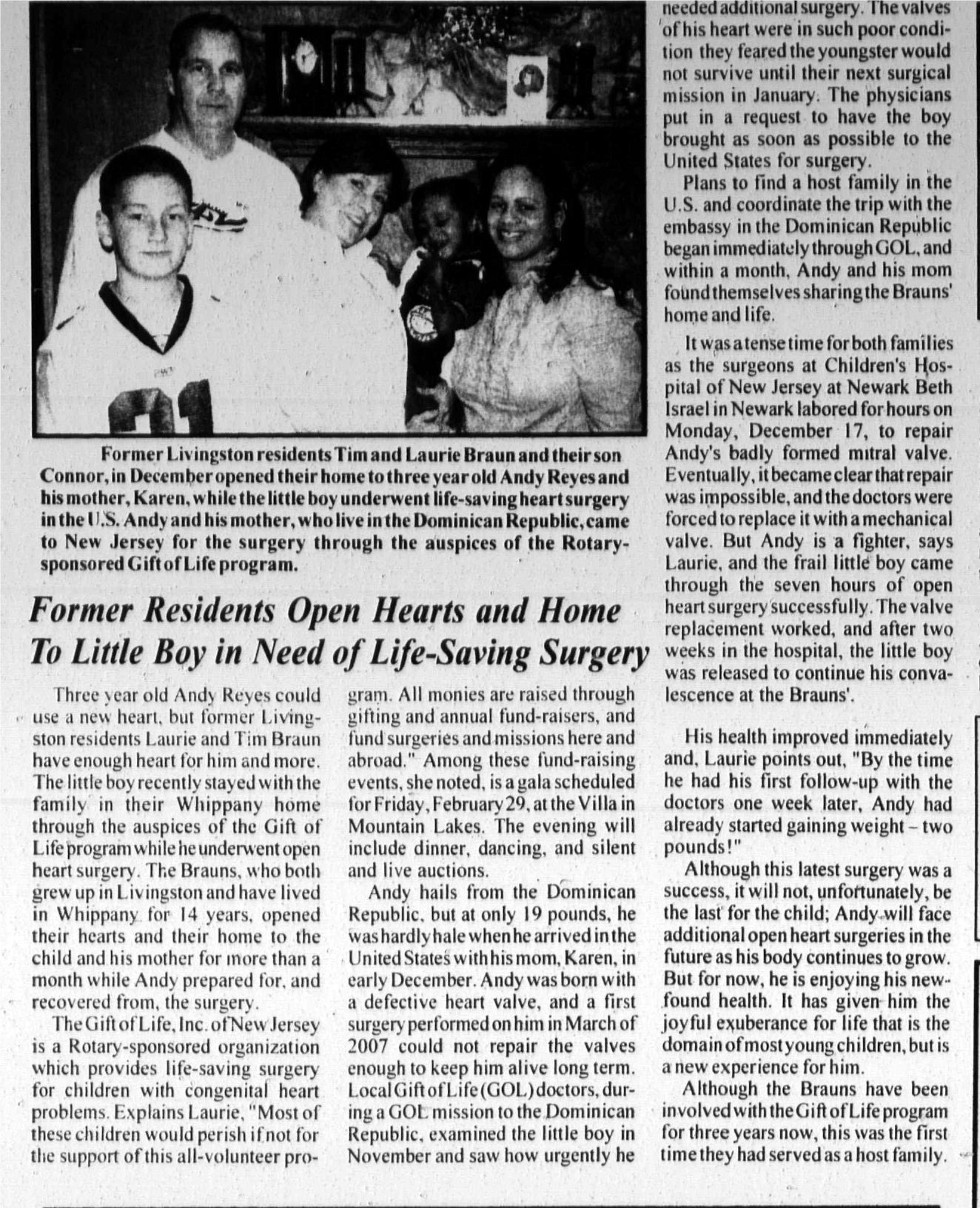 Newspaper clipping: Former Residents Open Hearts and Home to Boy in Need of Surgery, West Essex Tribune, February 14, 2008