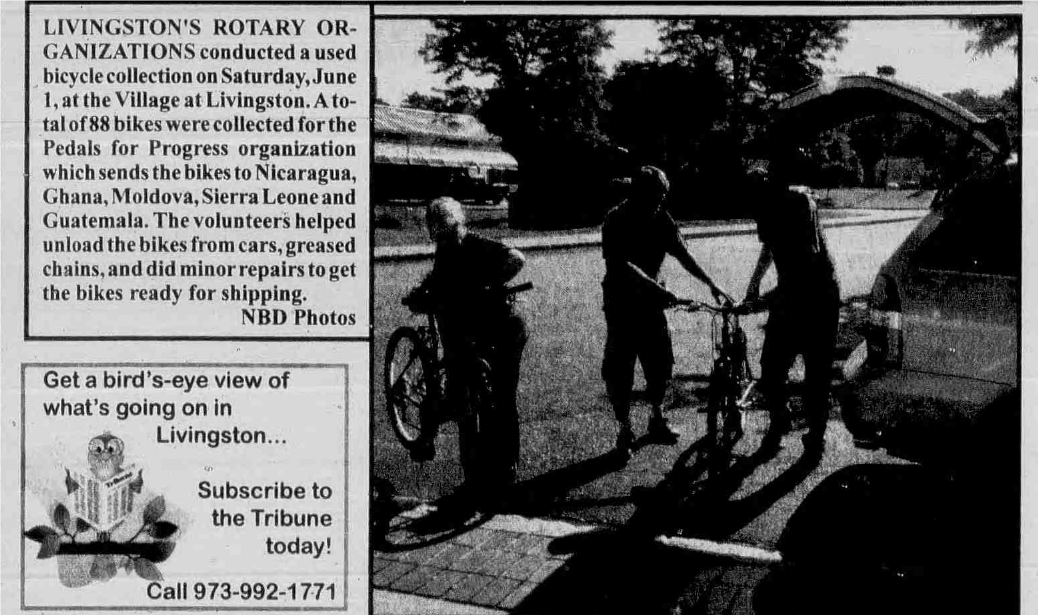 Newspaper clipping: Pedals for Progress bike drive, West Essex Tribune, June 6, 2013