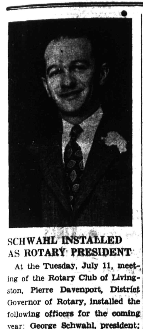 Newspaper clipping: Schwahl Installed As Rotary President, West Essex Tribune, July 13, 1950