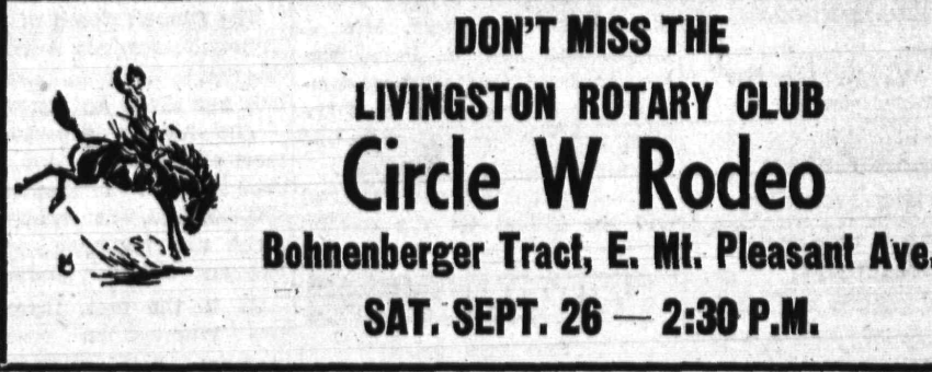 Advertisement for the Livingston Rotary Club Circle W Rodeo, September 26, 1953