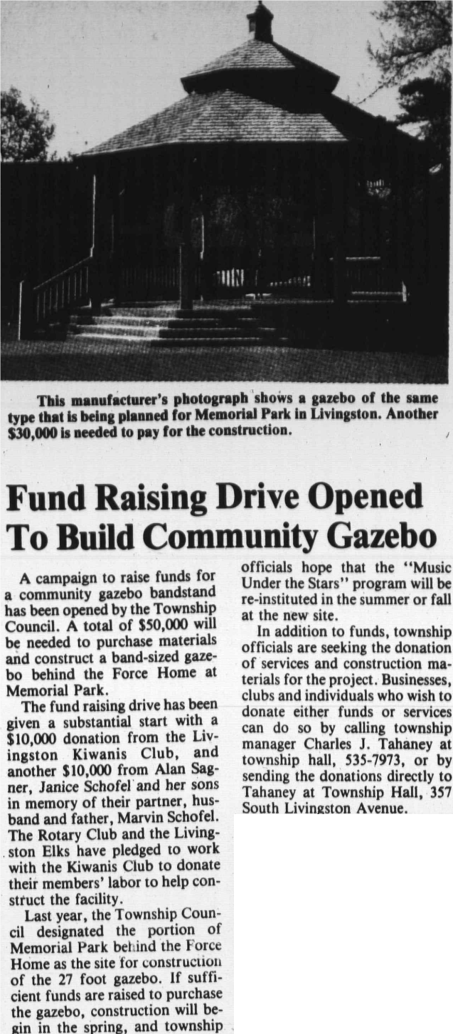 Newspaper clipping: Fund Raising Drive Opened To Build Community Gazebo, West Essex Tribune, October 17, 1991