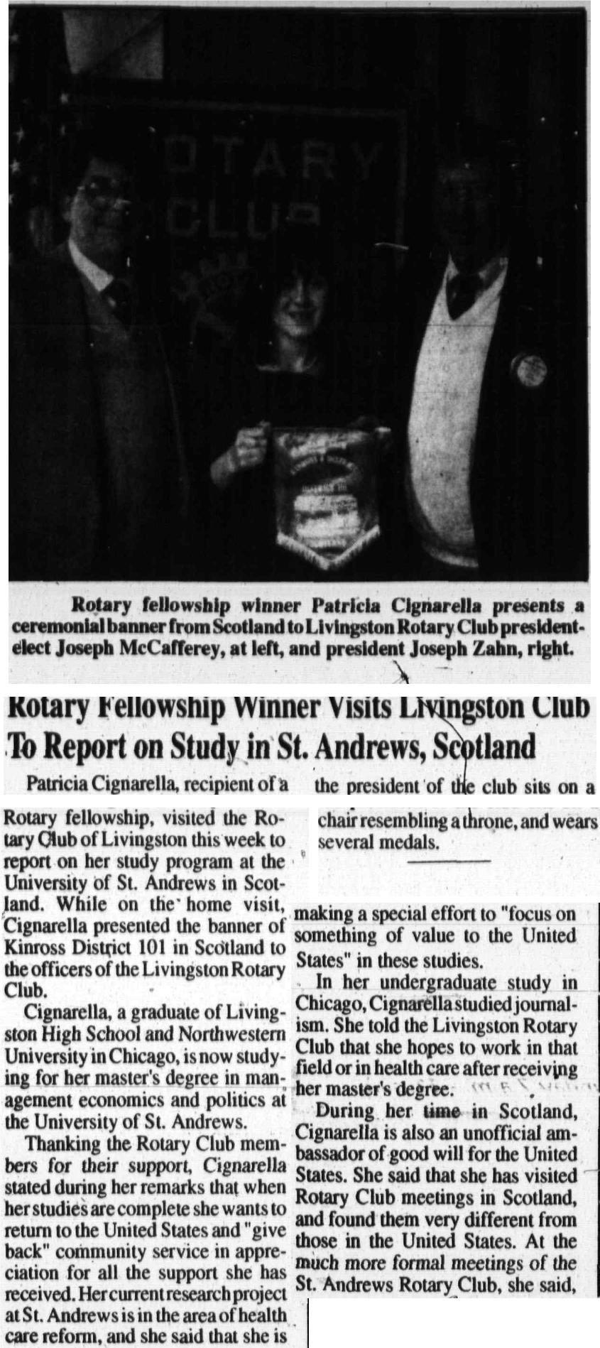 Newspaper clipping: Rotary Fellowship Winner Visits Livingston Club To Report on Study in St. Andrews, Scotland, West Essex Tribune, February 11, 1993