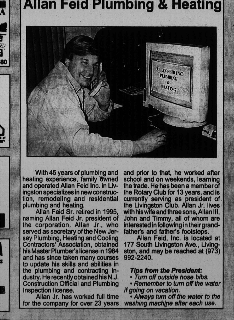 Newspaper clipping: Allan Feid Plumbing and Heating, October 2000