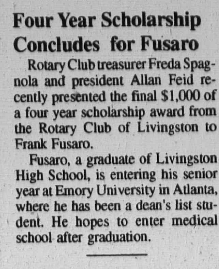 Newspaper clipping: Four Year Scholarship Concludes for Fusaro, West Essex Tribune