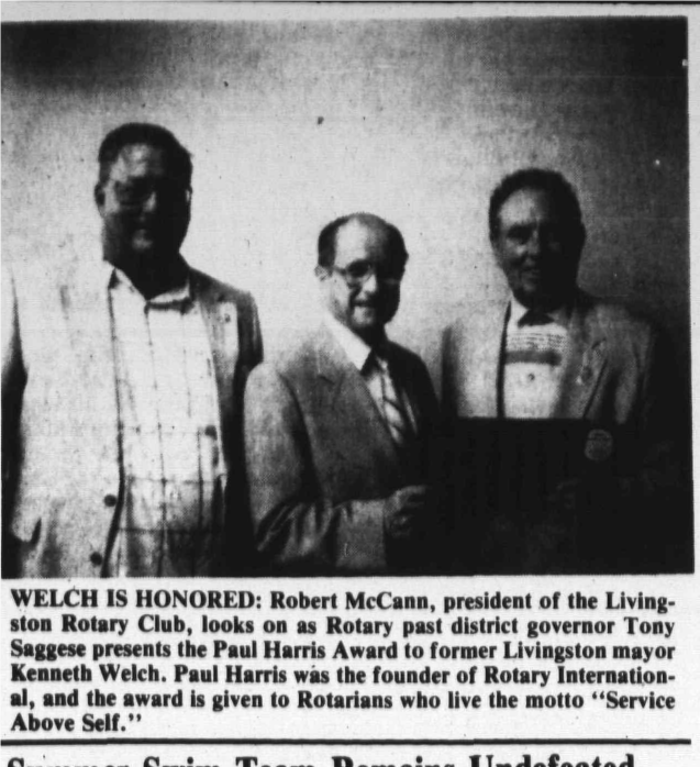Newspaper photo and caption: Welch Is Honored, West Essex Tribune, July 25, 1991