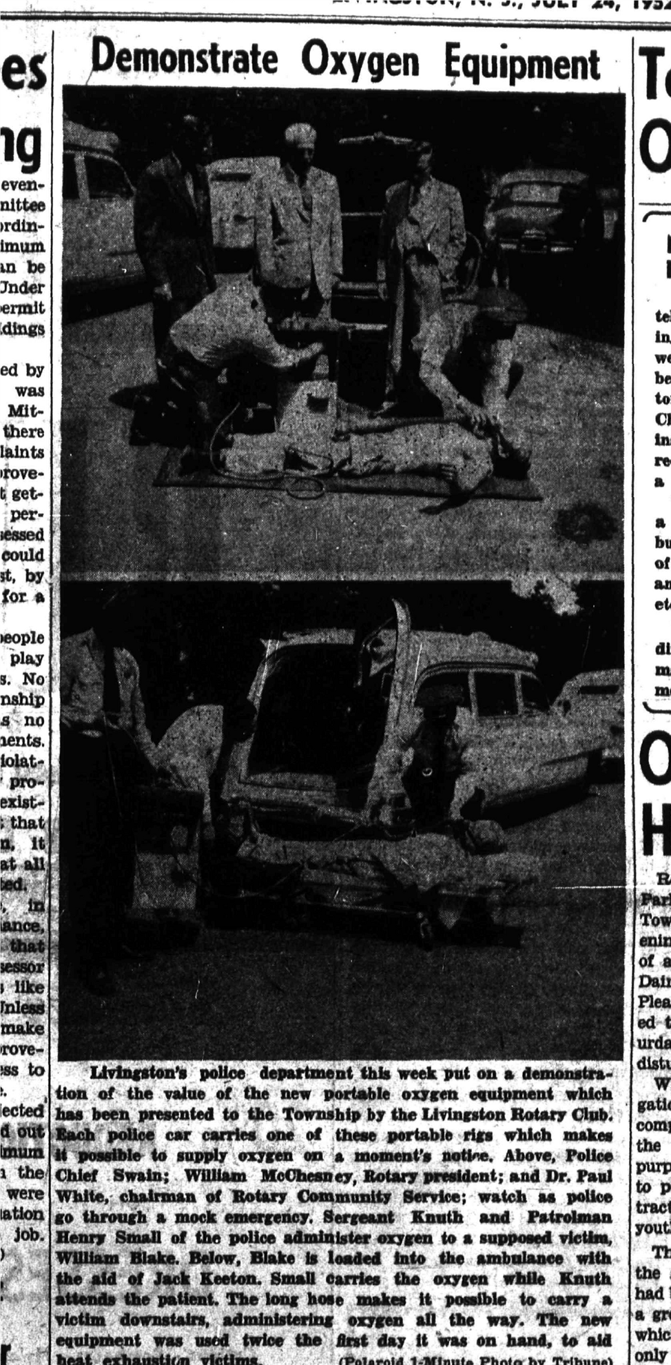 Newspaper clipping of July 24, 1952 oxygen equipment demonstration