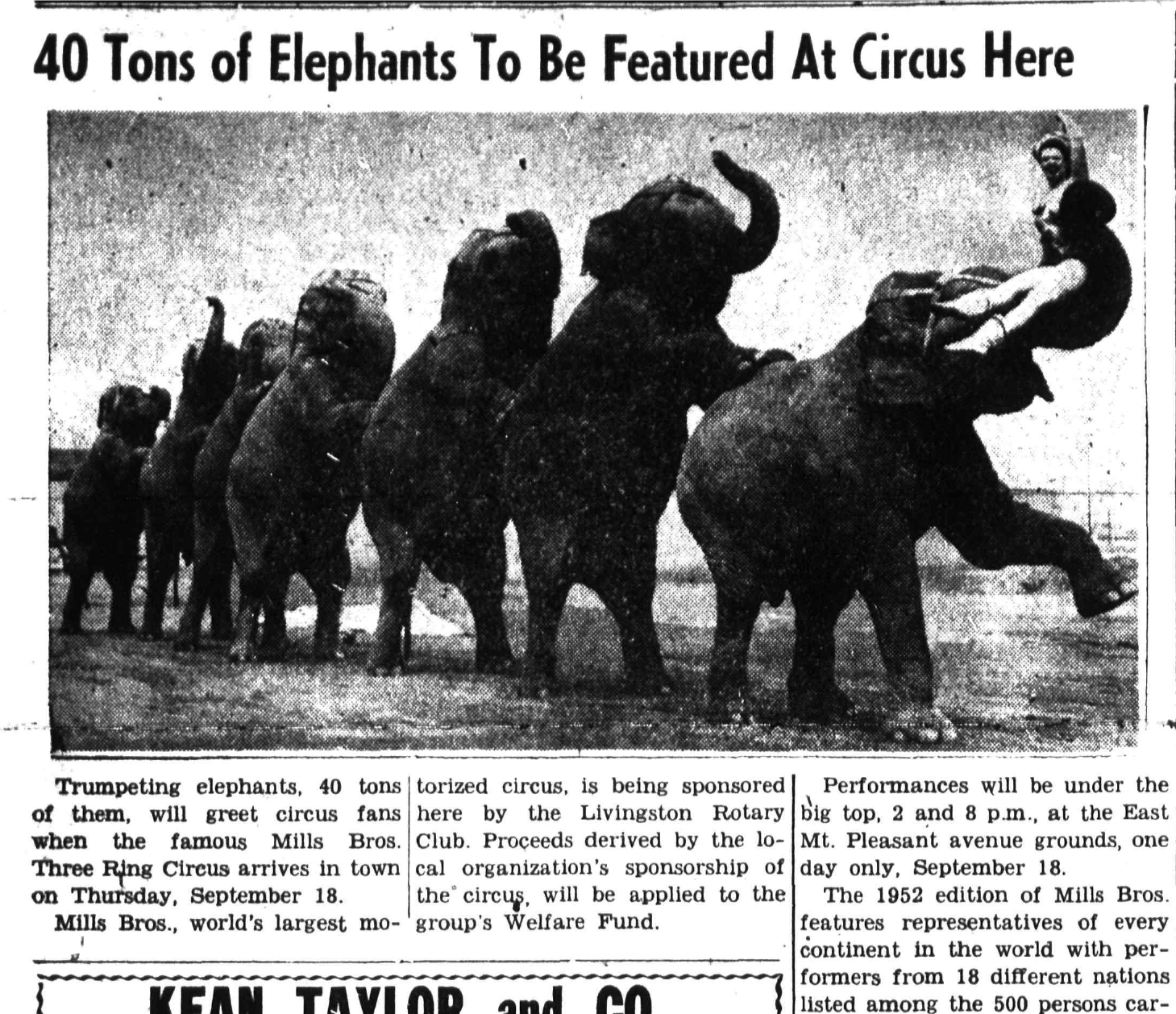Newspaper clipping: 40 Tons of Elephants To Be Featured At Circus Here, West Essex Tribune, September 4, 1952