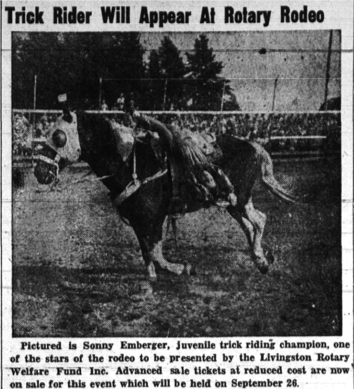 Tribune article on trick rider Sonny Emberger at the Rotary rodeo