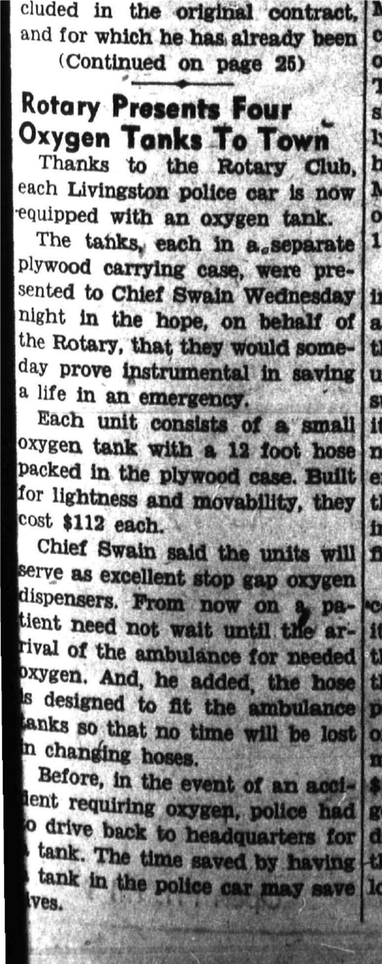 Newspaper clipping of July 17, 1952 oxygen tank donation