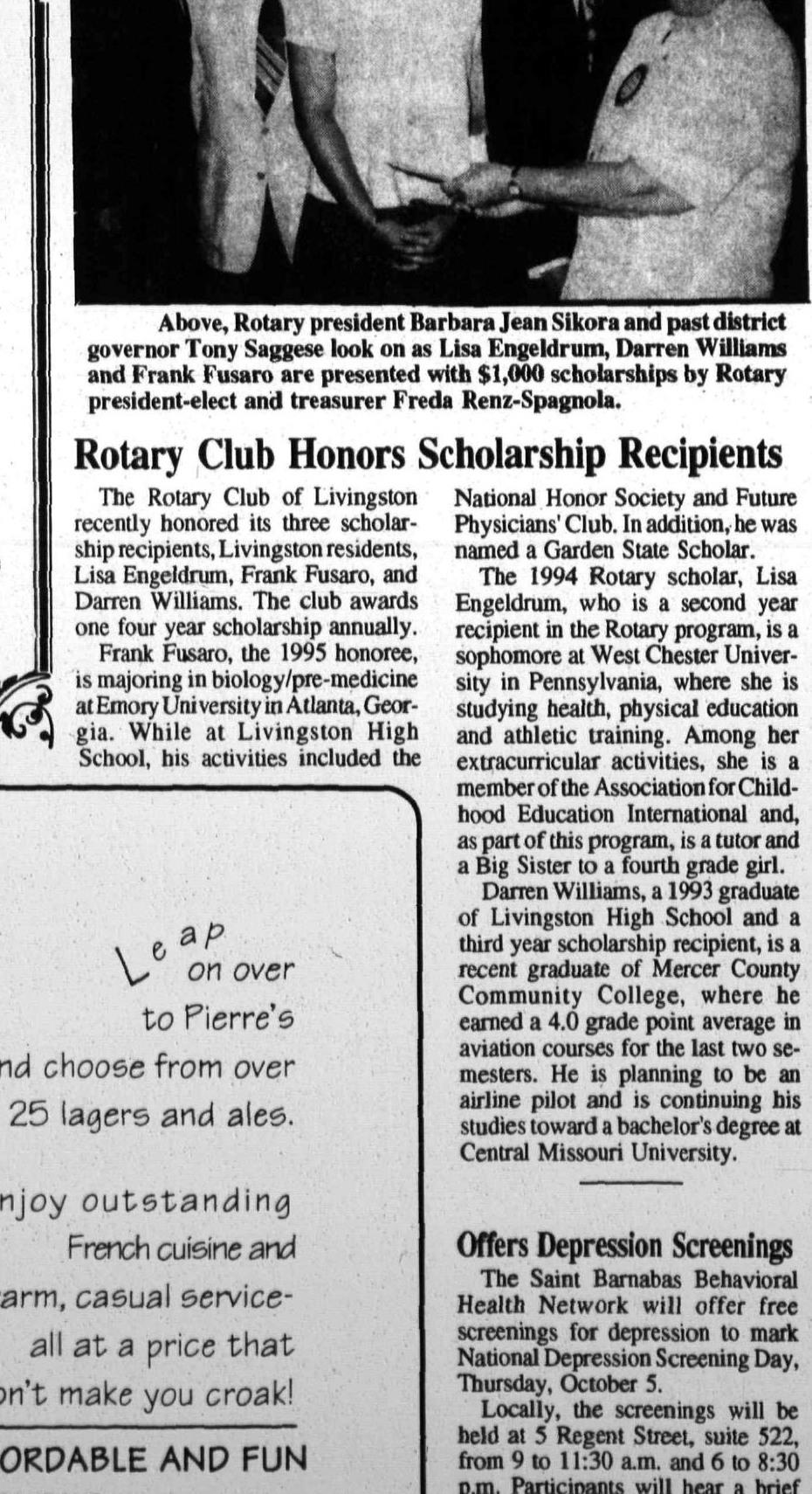 Livingston Rotary scholarship recipients, 1995