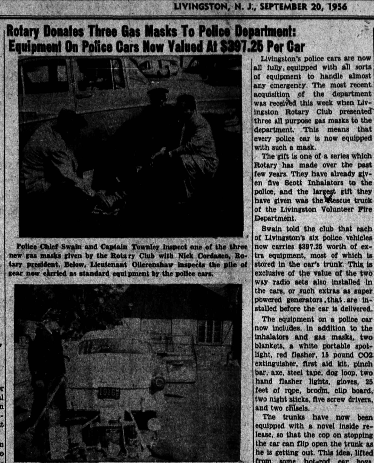 Newspaper clipping: Rotary Donates Three Gas Masks To Police Department, West Essex Tribune, September 20, 1956
