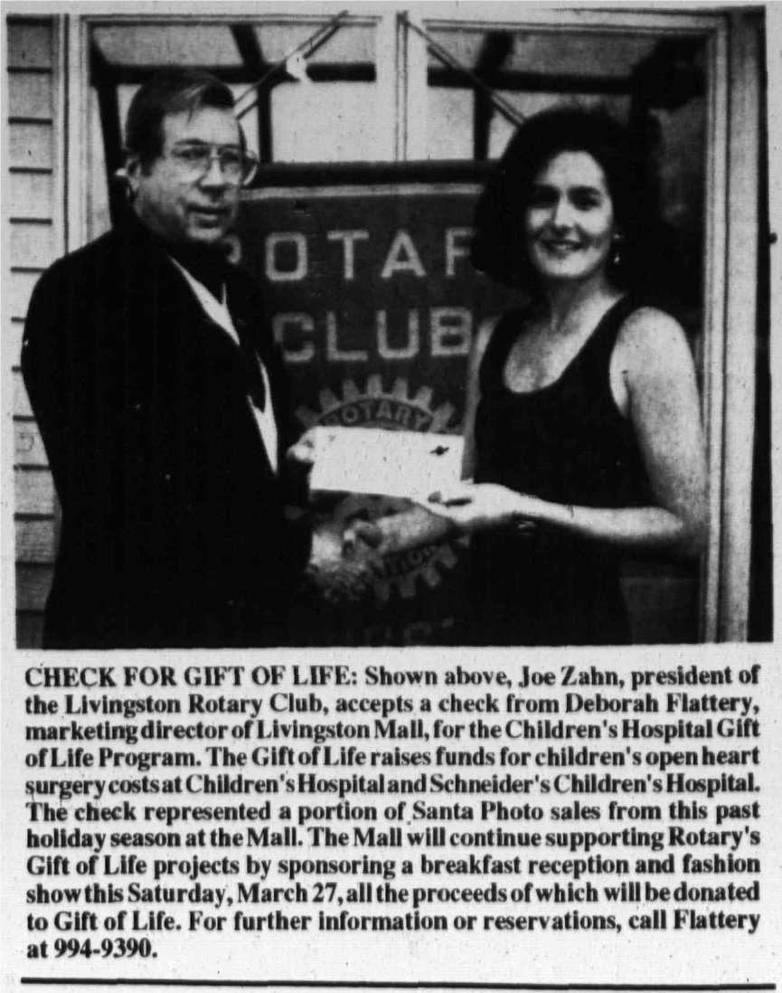Newspaper clipping: Check for Gift of Life, West Essex Tribune, March 18, 1993