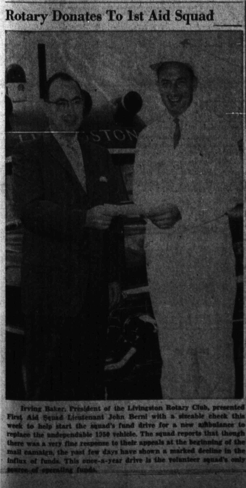 Newspaper clipping: Rotary Donates To 1st Aid Squad, West Essex Tribune, October 1, 1959