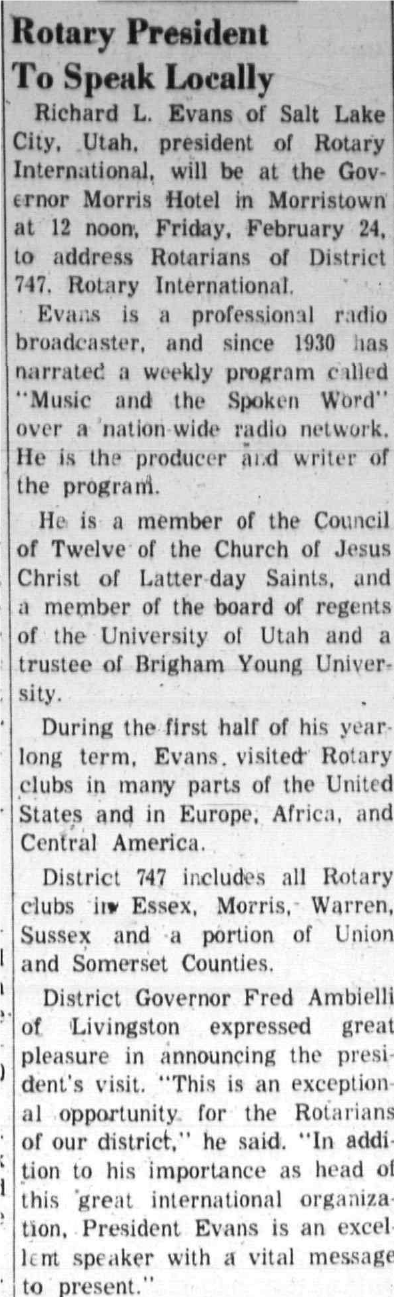 Newspaper clipping: Rotary President To Speak Locally, West Essex Tribune, February 23, 1967
