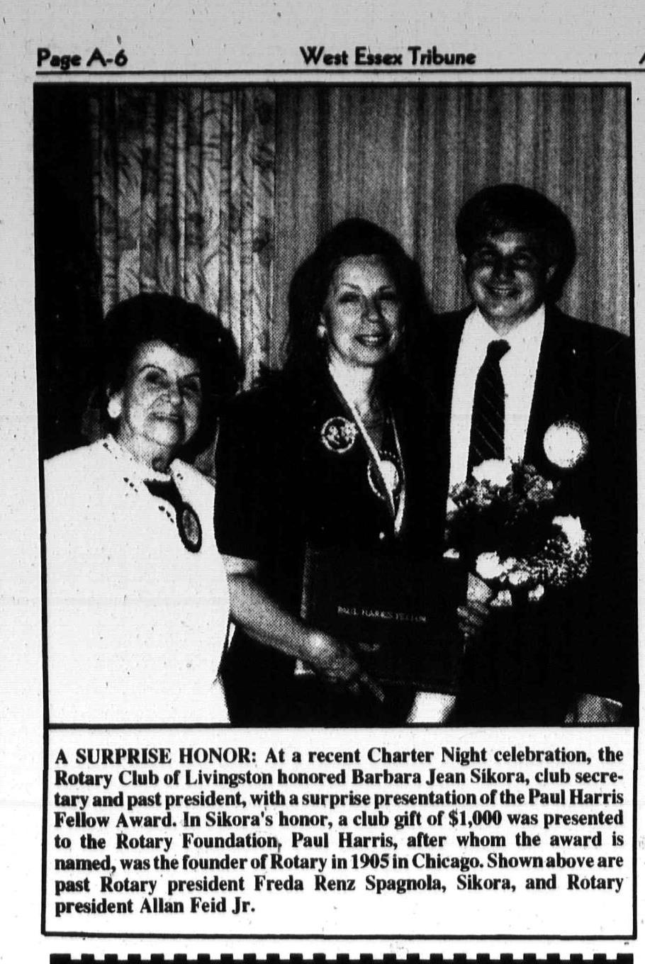 Barbara Jean Sikora receives a Paul Harris Fellow Award, 1999