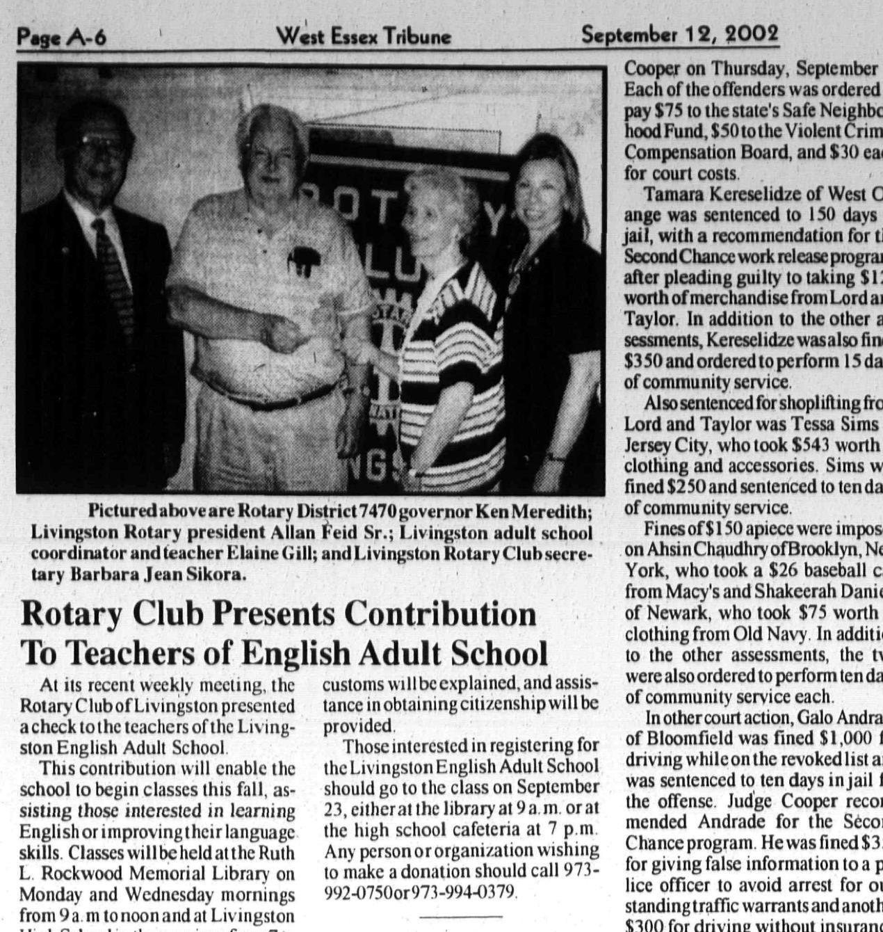 Livingston Rotary contribution to the English Adult School, 2002