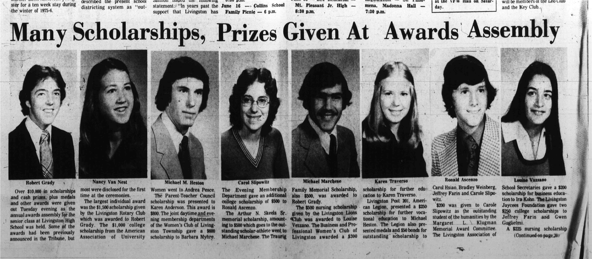 Newspaper clipping: Many Scholarships, Prizes Given At Awards Assembly, West Essex Tribune, June 12, 1975