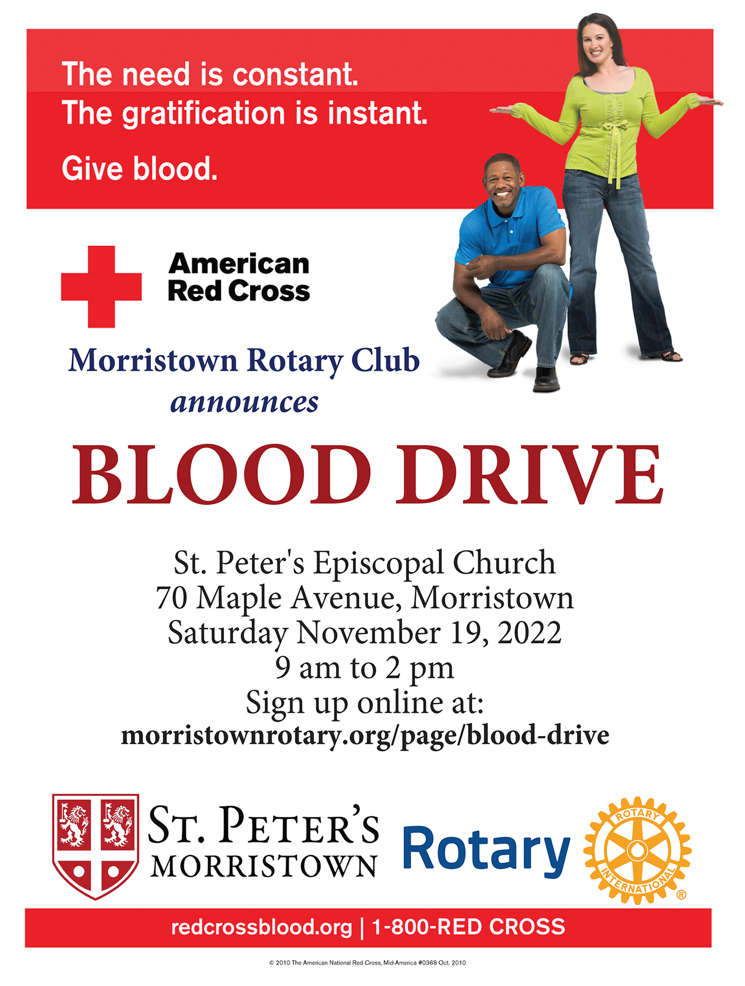 The need is constant. The gratification is instant. Give blood on November 19, 2022 at St. Peter's Episcopal Church Morristown, located at 70 Maple Street. Appointments recommended, sign up by clicking on this flyer.