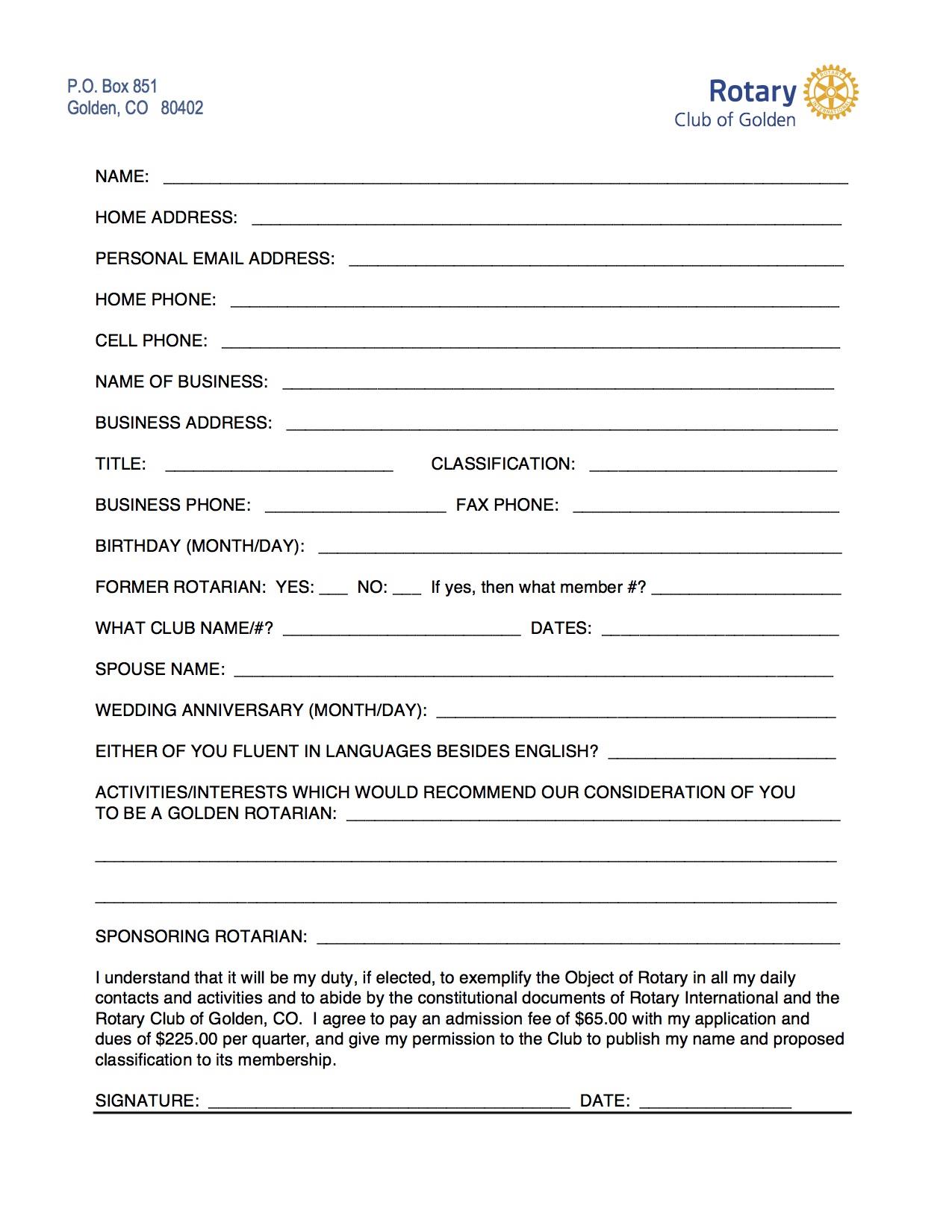 GOLDEN ROTARY CLUB MEMBERSHIP APPLICATION | Rotary Club Of Golden