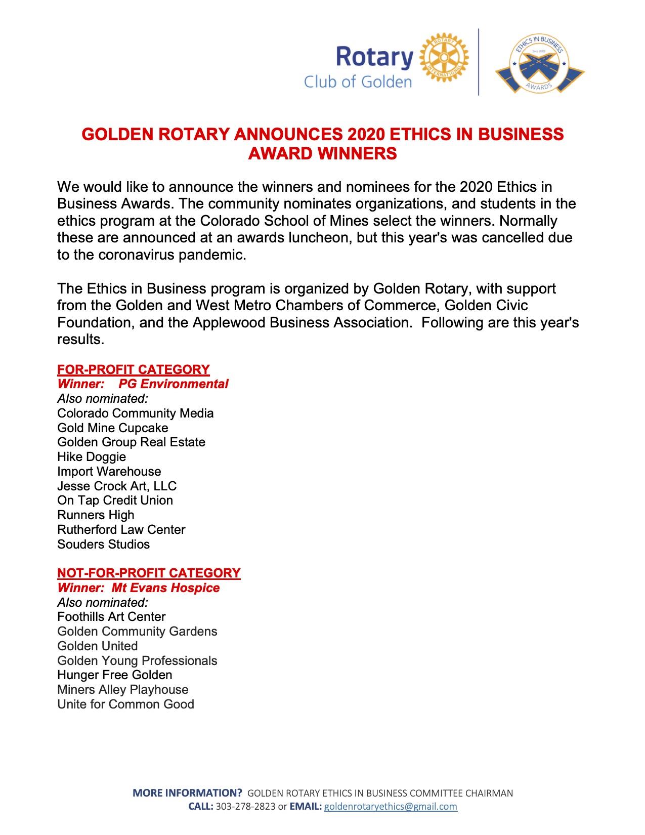 GOLDEN ROTARY ANNOUNCES WINNERS OF THE 2020 ETHICS IN BUSINESS PROGRAM