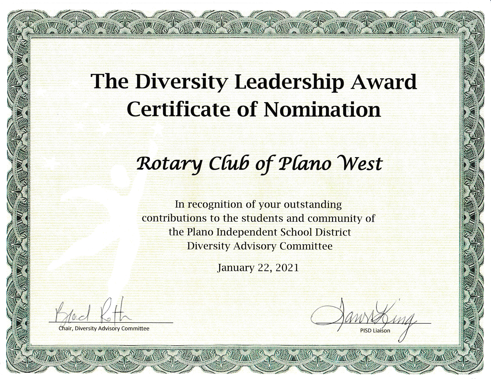 Plano ISD Diversity Leadership Award Certificate of Nomination