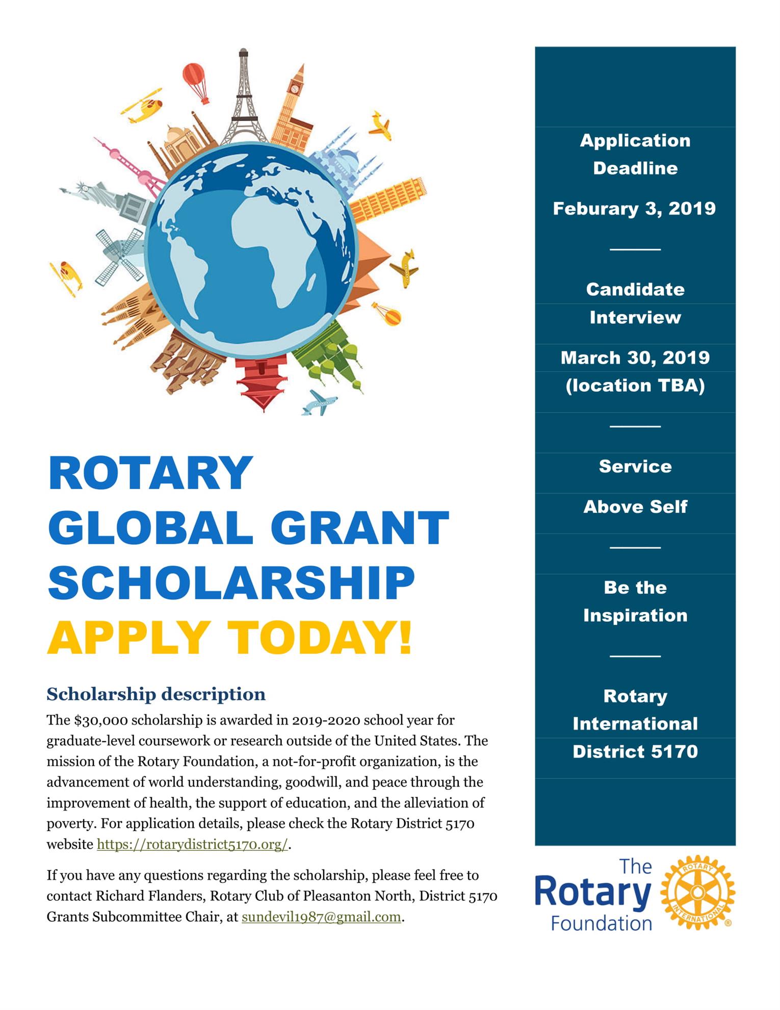 Rotary Global Grant Scholarship Rotary Club of Pleasanton North