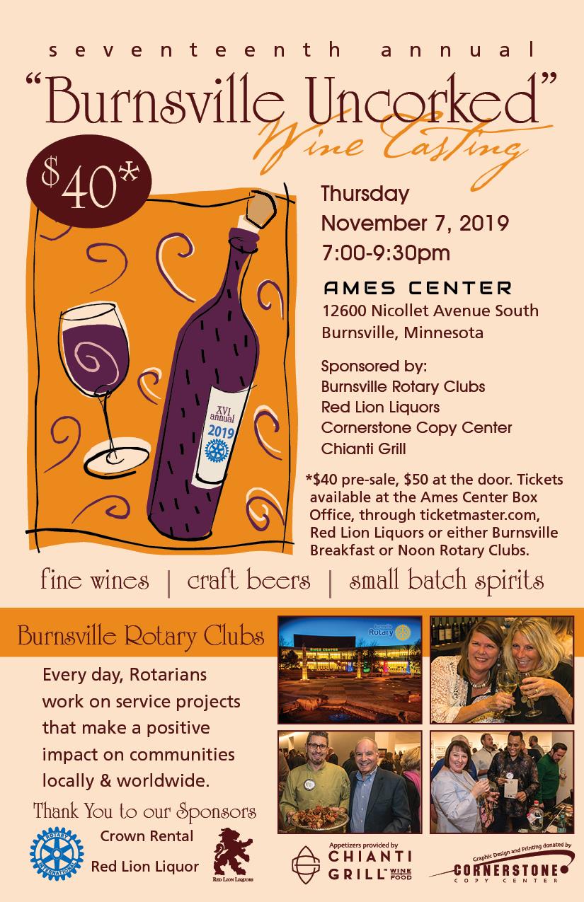 Burnsville Uncorked November 7th 2019 Tickets $40 in Advance $50 at the door