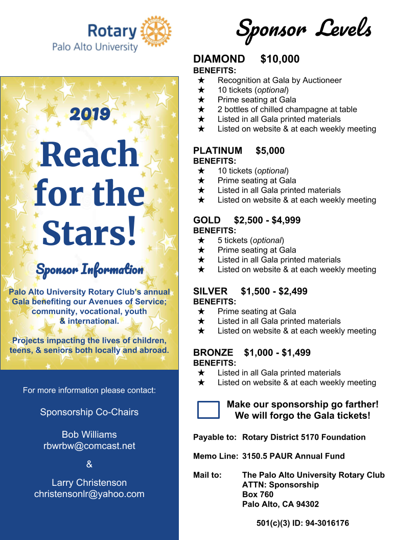 2019 Gala Sponsorships Opportunities | Rotary Club Of Palo Alto University