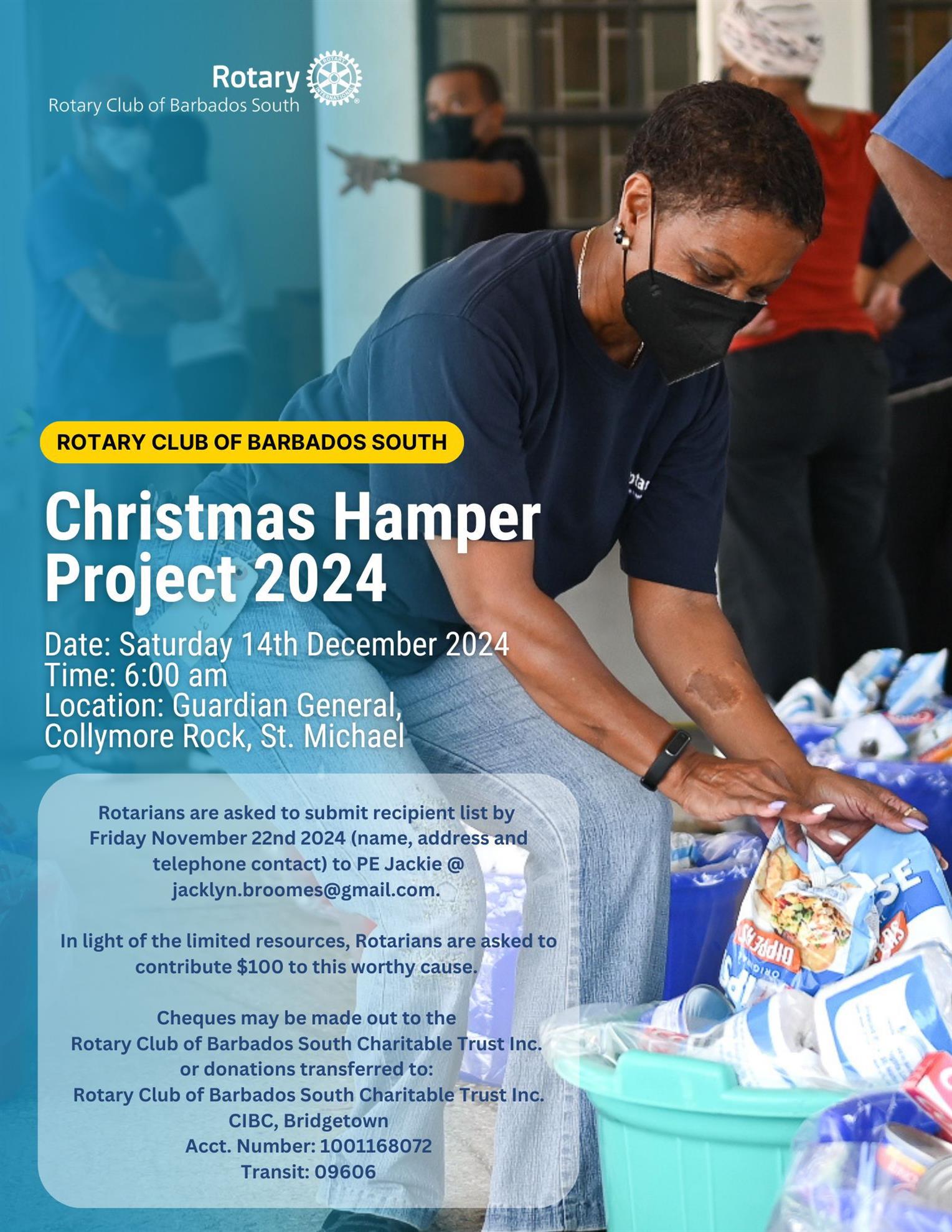 Flier indicating that hamper packing is on December 14th at 6am.  Rotarians are being encouraged to make financial contributions