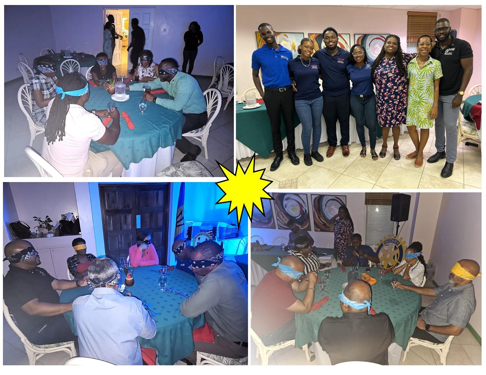 Image of dining in the dark planning team along with pictures of blindfolded rotarians at the event