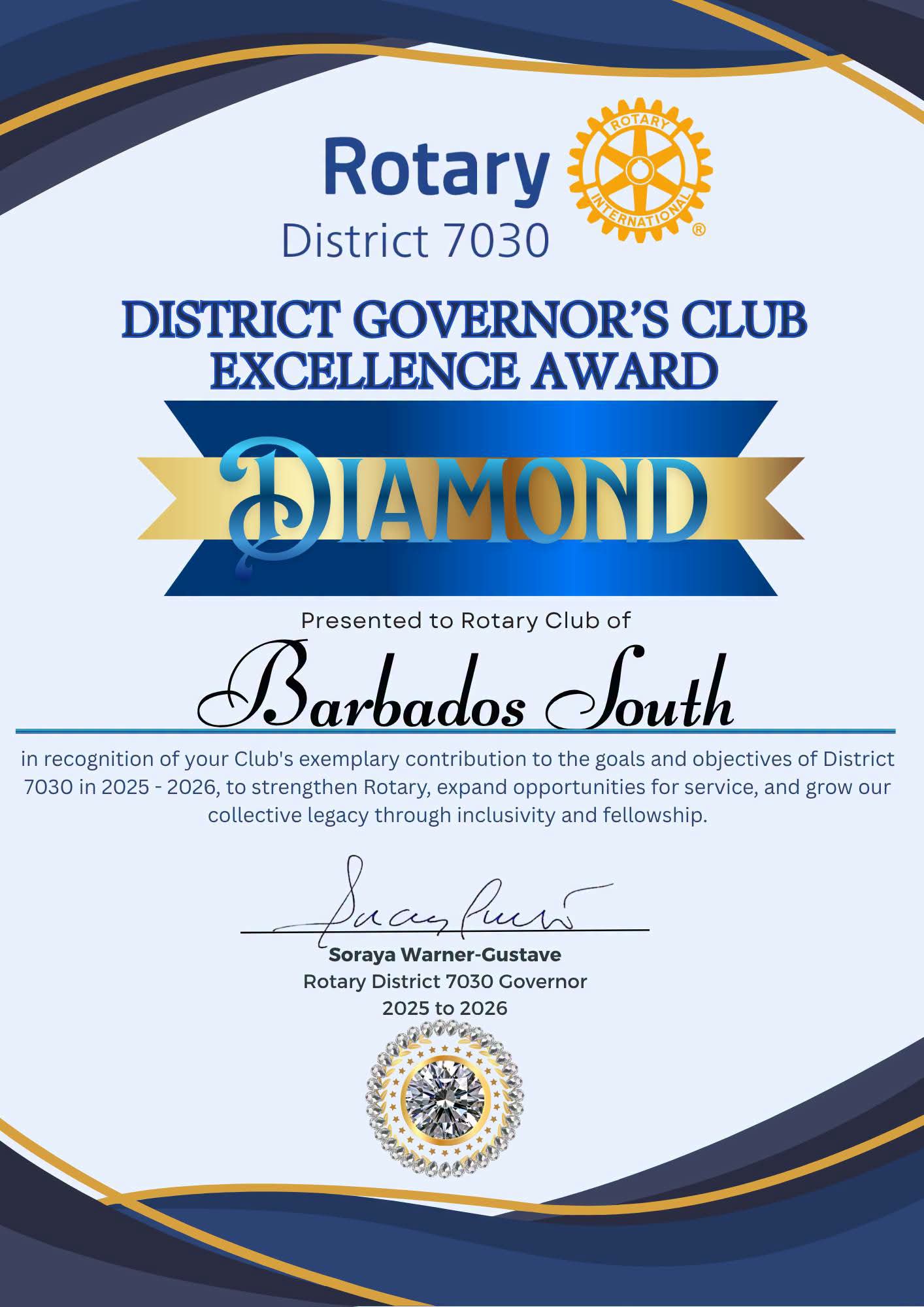 certificate for Daimond award for exemplary completion of the 7030 DG goals