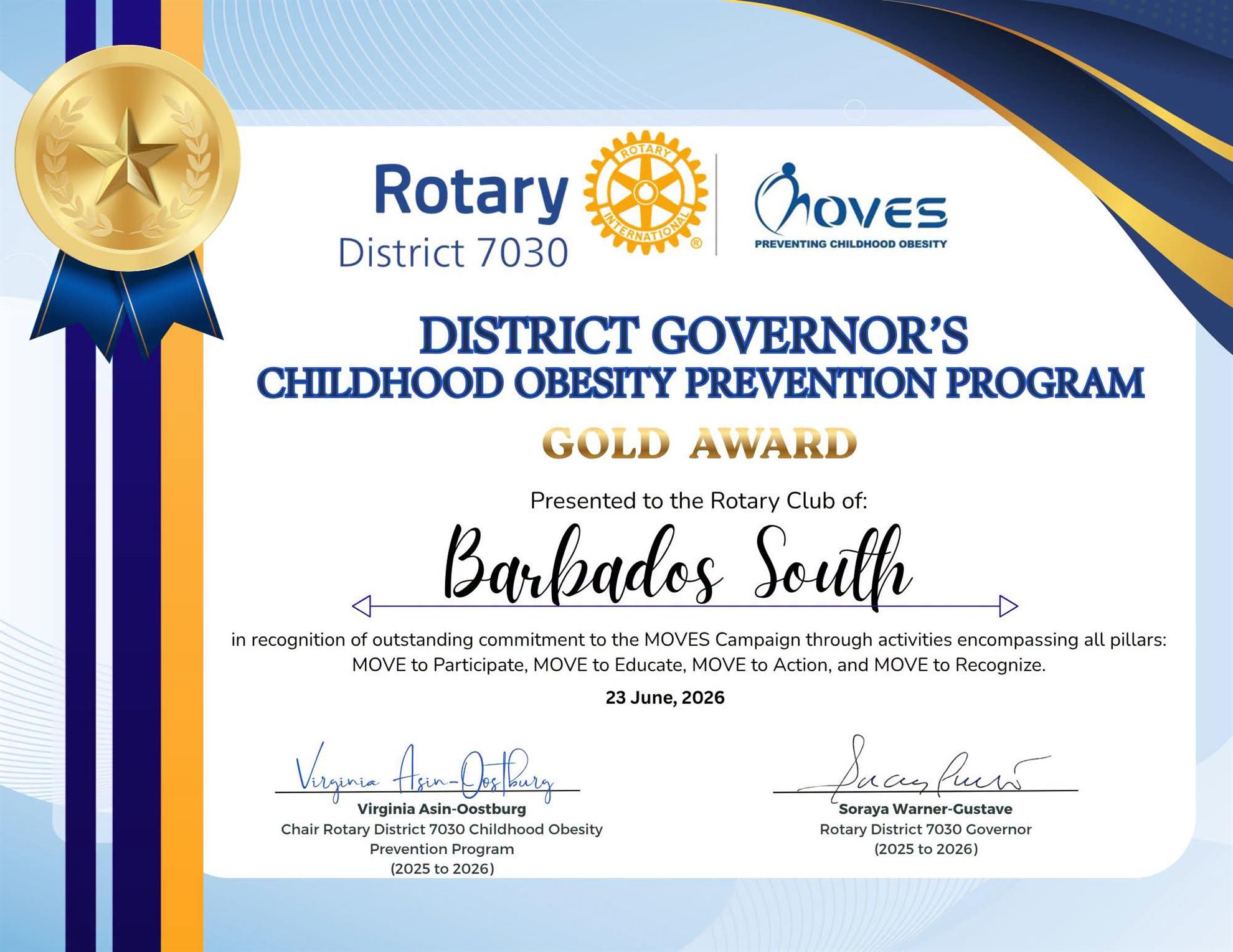 certificate for gold ranking for childhood obesity prevention