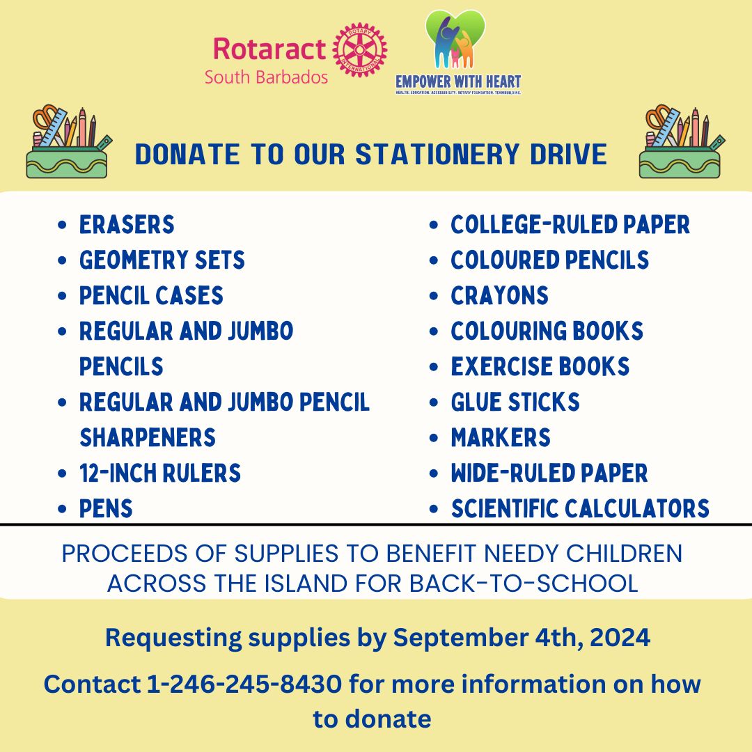 flier with the suggested list of items that can be donated to the rotaract stationery drive
