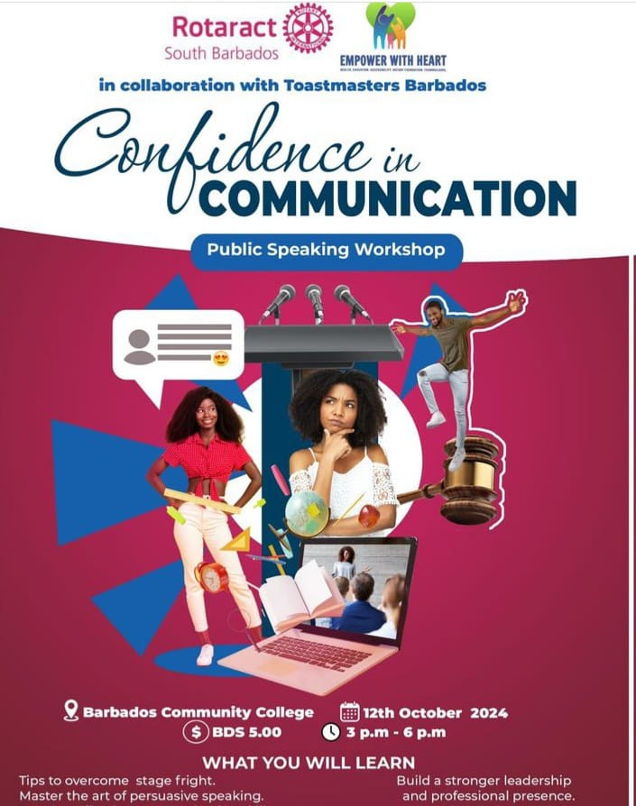 Flier about confidence in communication.  A collaborative project between RCSB and Toastmasters Barbados