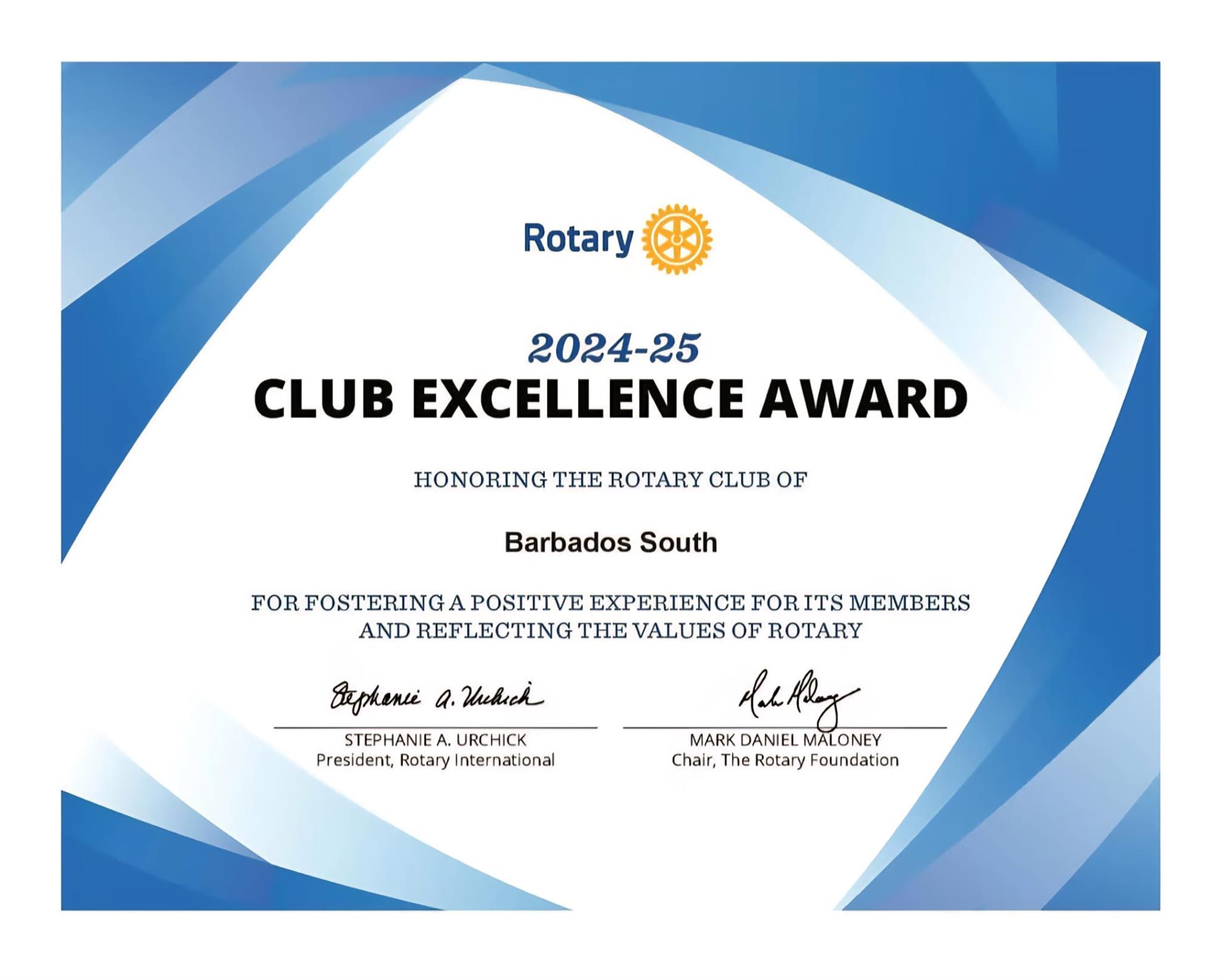 Club excellence award certificate