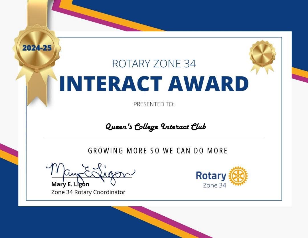 Image of Interact Award Certificate that was earned by Queen's College