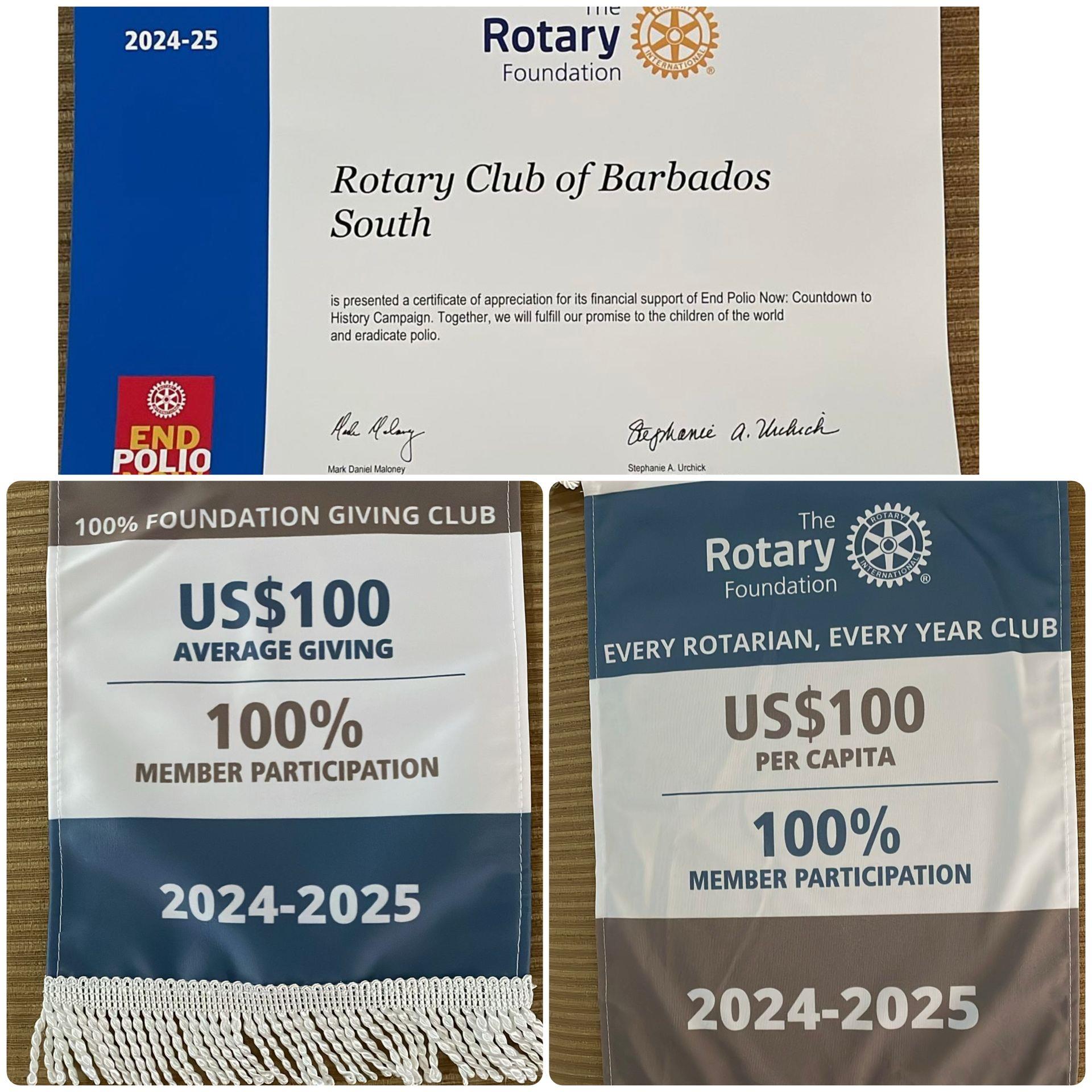certificate and banners presented to RCBS for 100% foundation giving