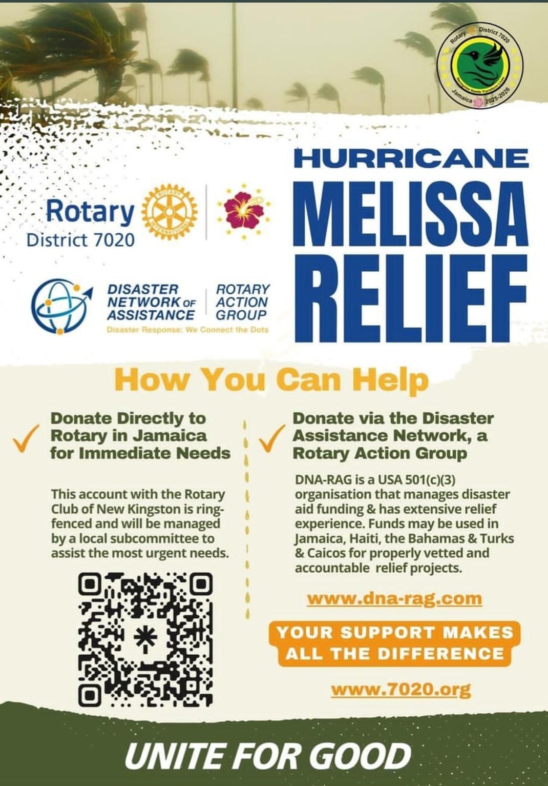 Notice and link to help Jamaica after Hurricane Melissa