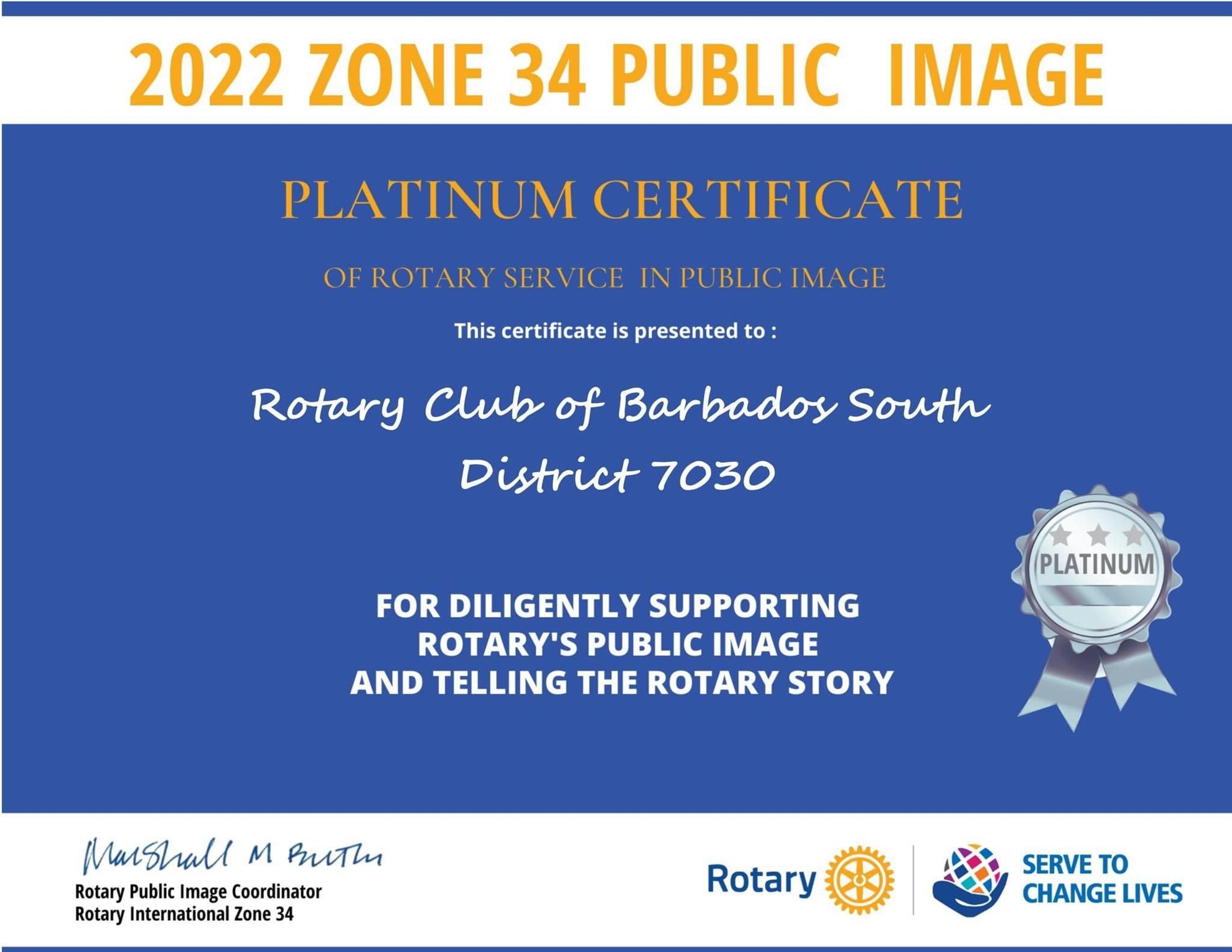 2022 Zone 34 Public Image Citation Certificate