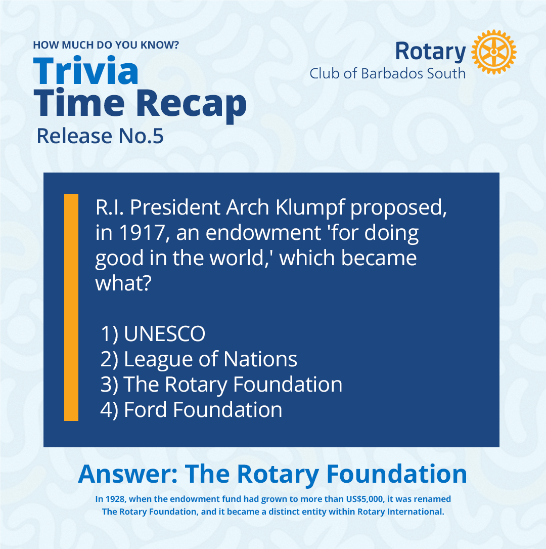 Trivia Time Recap Release No.5  Question: R.I. President Arch Klumpf proposed, in 1917, an endowment 'for doing good in the world,' which became what?   1) UNESCO  2) League of Nations  3) The Rotary Foundation  4) Ford Foundation  Answer:  3) The Rotary Foundation. In 1928, when the endowment fund had grown to more than US$5,000, it was renamed The Rotary Foundation, and it became a distinct entity within Rotary International.